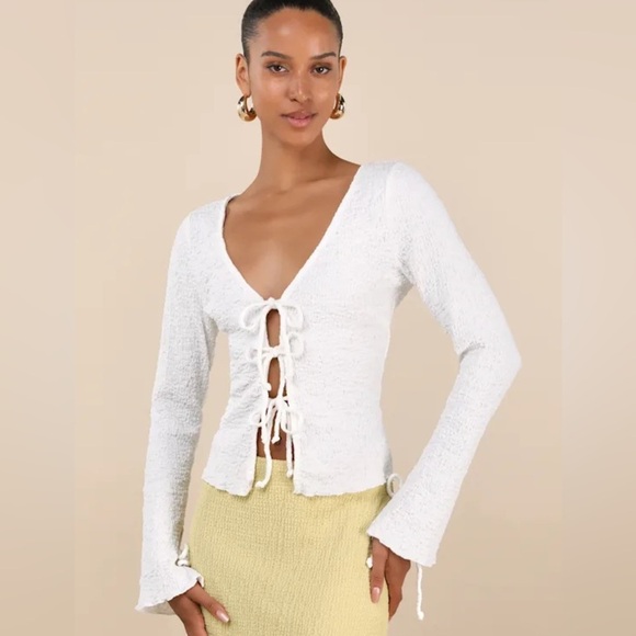Lulus Tops - White Textured Tie-Front Long Sleeve Top